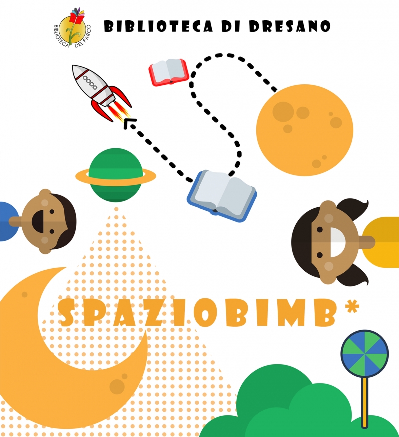 bambini e bambine, astronave, pianeti e libri nello spazio